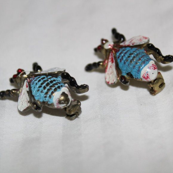 2 Vintage Fly Brooch Pins Red Rhinestones Eyes - Picture 4 of 8
